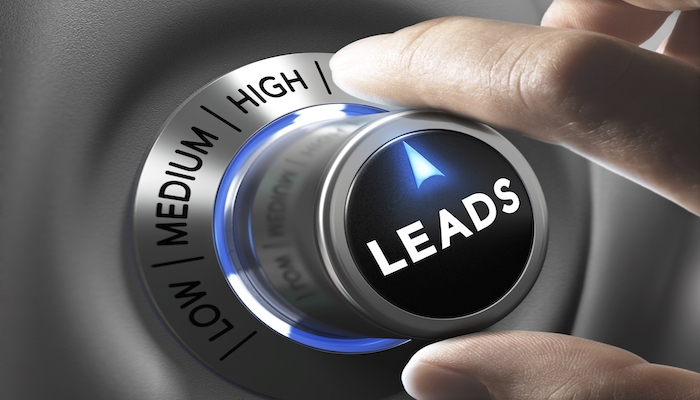 Leads button pointing  high position with two fingers, blue and grey tones, Conceptual image for increasing sales lead.