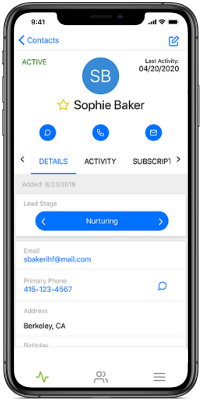 contact info for sophie baker on a phone