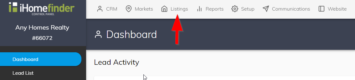 listings option in IDX Control Panel