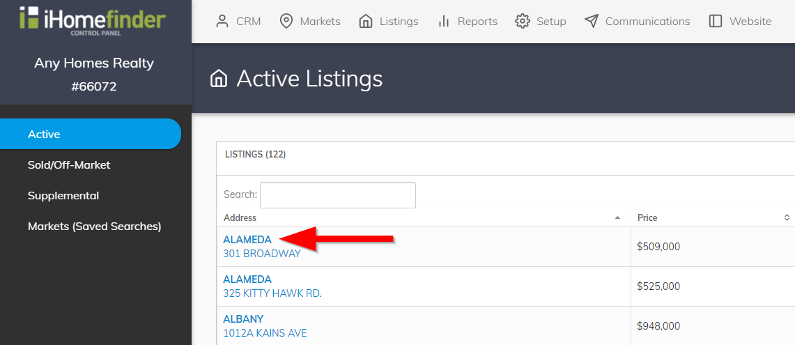 listings shown in IDX Control Panel