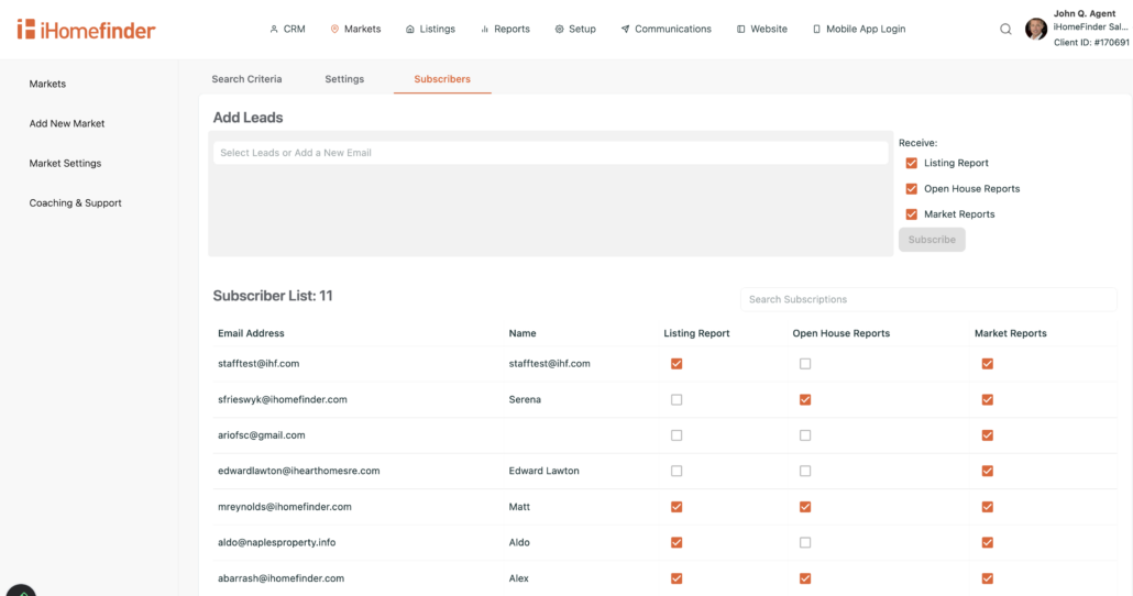 Add Leads in Market Pages iHomefinder