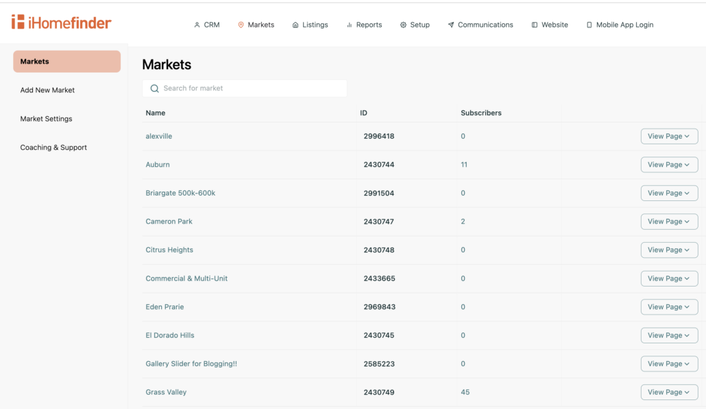 Market Page Reports in iHomefinder